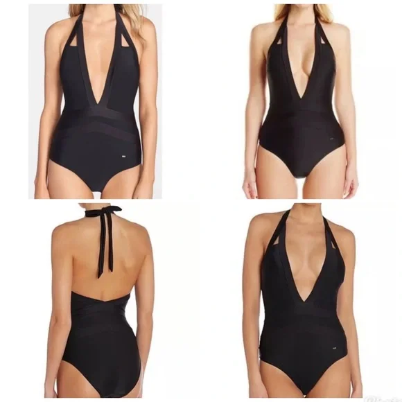 Ted Baker London Black Ralinda Low Cut Halter Swim Bathing Suit Womens 5 12 NWT - Picture 1 of 11